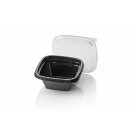 Saladebakken 375cc Dome Pack Vierkant PET Zwart + Deksels Transparant 135 x 135mm Horecavoordeel.com