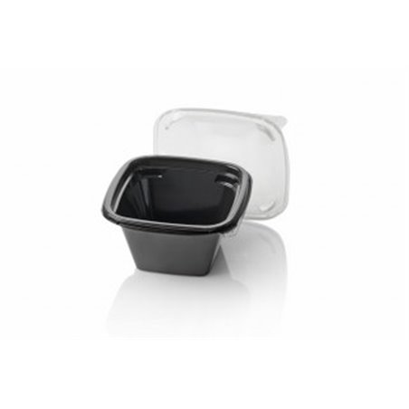 Saladbowl Dome Pack 500cc square PET Black + Lids Transparent - Horecavoordeel.com