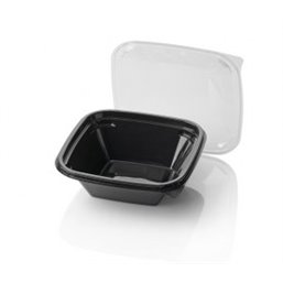 Saladbowl Dome Pack 800cc rectangular PET Black + Lids Transparent - Horecavoordeel.com