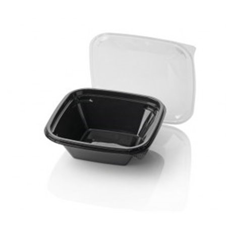 Saladbowl Dome Pack 800cc rectangular PET Black + Lids Transparent - Horecavoordeel.com