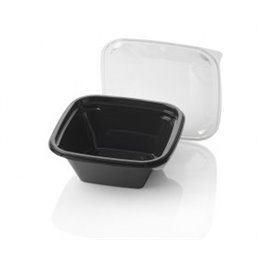 Saladbowl Dome Pack 1000cc rectangular PET Black + Lids Transparent - Horecavoordeel.com