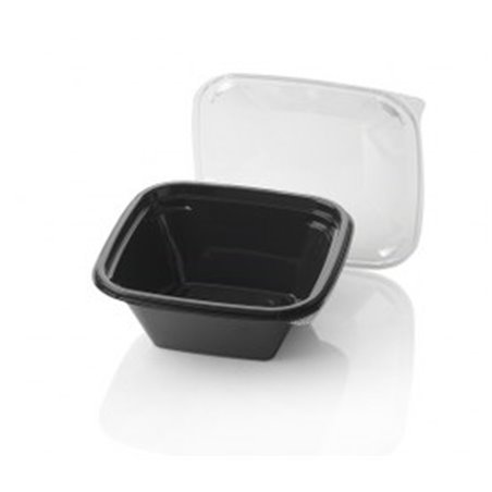 Saladbowl Dome Pack 1000cc rectangular PET Black + Lids Transparent - Horecavoordeel.com