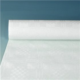 Tafelkleed Papier Rol Wit Met Damastprint 10 x 1,2 meter -horecavoordeel.com-