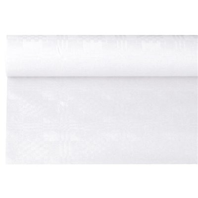 Tafelkleed Papier Rol Wit Met Damastprint 6 x 1,2 meter -horecavoordeel.com-