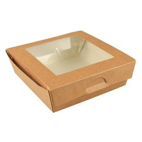 Cateringdoosje Saladebak Bruin karton Met PLA Venster "Pure" 140 x 140 x 50mm -horecavoordeel.com-