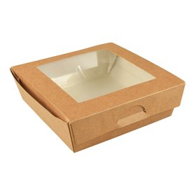 Catering box Salad container Brown cardboard With PLA Window "Pure" 160 x 160 x 50mm -Horecavoordeel.com-