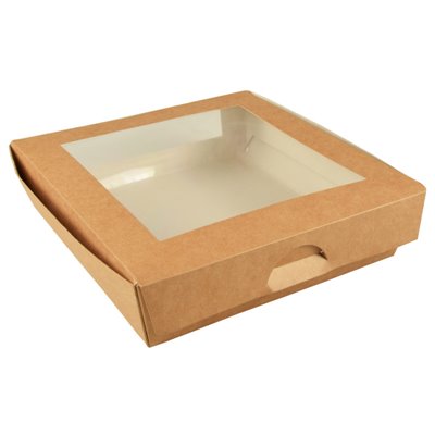 Cateringdoosje Saladebak Bruin karton Met PLA Venster "Pure" 190 x 190 x 50mm -horecavoordeel.com-