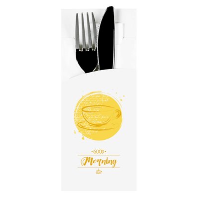 Cutlery Bags White "Good Morning" 200 x 85mm Including 2-Layer White Napkin 330 x 330mm -Horecavoordeel.com-