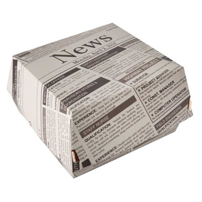 Hamburger box Large "Newsprint" Cardboard 70 x 125 x 125mm -Horecavoordeel.com-