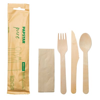 Cutlery Set Wood "Pure" Knife Fork Spoon And Napkin Packed In Paper Bag