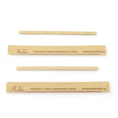 Roerstaafjes Hout "FSC" 110 x 5 x 1mm Per Stuk Verpakt In Papier Horecavoordeel.com