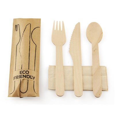 Cutlery Set Wooden Fork, Knife And Spoon (FSC) With Napkin Packed Each In Paper Bag Horecavoordeel.com