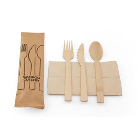 Cutlery Set Bamboo Fork, Knife And Spoon With Napkin (FSC) Packed In Paper Bag Horecavoordeel.com