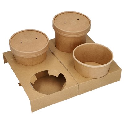 Draagtray Karton "Pure" Bruin Met 4 Gaten Voor Soepbekers 198 x 241 x 36mm Diameter Gat 8cm -Horecavoordeel.com-