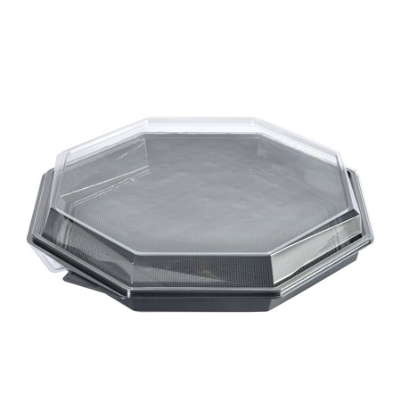Octaview Schalen APET Grijs + Vaste Deksels Transparant Ø 305 x 60mm