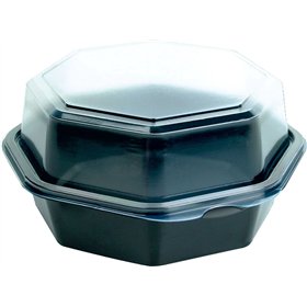 Octaview Schalen PET Grijs met Vaste Transparante Deksels 540cc Ø 160 x 80mm