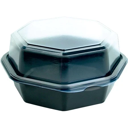 Octaview Schalen PET Grijs met Vaste Transparante Deksels 540cc Ø 160 x 80mm