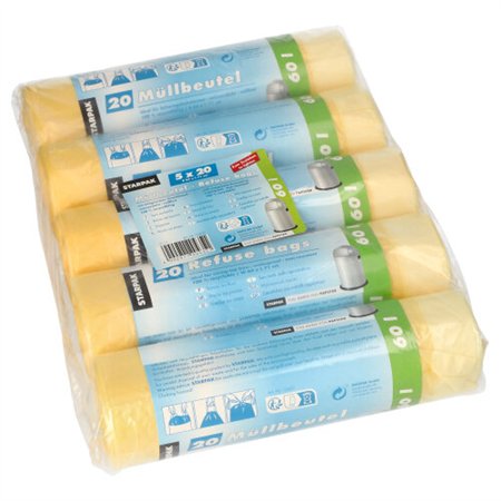 Huisvuilzakken met treklint HDPE 60 l 71cm x 64cm Geel