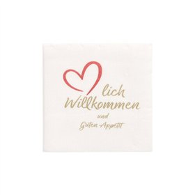 Servetten 2-laags PUNTO 1/4 vouw 20cm x 20cm Wit Herzlich Willkommen & Guten Appetit micr