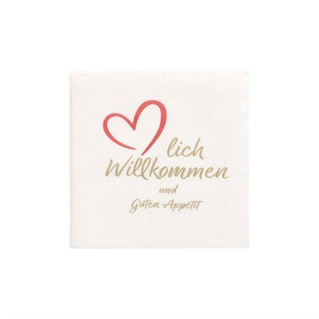 Servetten 2-laags PUNTO 1/4 vouw 20cm x 20cm Wit Herzlich Willkommen & Guten Appetit micr