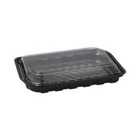 Sushi schalen rechthoekig R-PET 21cm x 13cm x 4,3cm Zwart met transparante deksel - Horecavoordeel.com