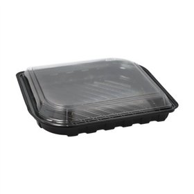 Sushi schalen rechthoekig R-PET 21cm x 18cm x 4,3cm Zwart met transparante deksel