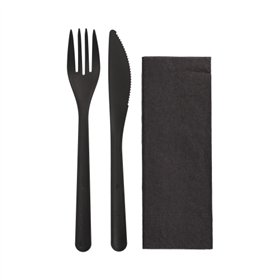 Herbruikbare besteksets PP-MF 22cm Zwart : Mes vork servet in plastic zakje - Horecavoordeel.com