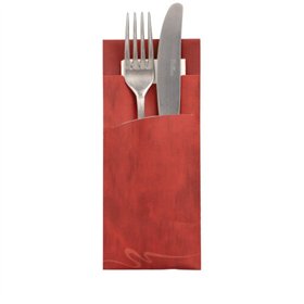 Bestekzakjes 20cm x 8,5cm Bordeaux inclusief Wit servet 33 x 33cm 2-laags - Horecavoordeel.com