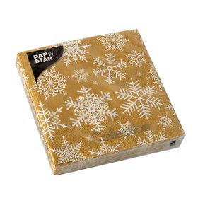 Servetten 3-laags 1/4 vouw 25cm x 25cm goud Snöstjärnor