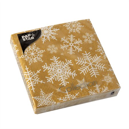 Servetten 3-laags 1/4 vouw 25cm x 25cm goud Snöstjärnor