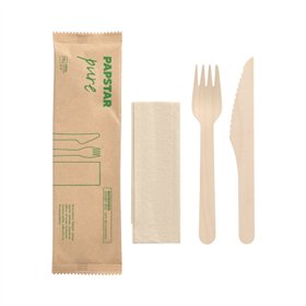 Bestekset Hout Pure : Mes Vork Servet in papieren sleeve - Horecavoordeel.com
