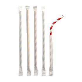 Drinkrietjes flexibel Papier Ø 6mm x 20cm kleuren assortiment Stripes per stuk verpakt