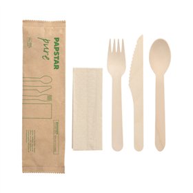 Bestekset Hout Pure Natuur : Mes Vork Lepel Servet in papieren sleeve