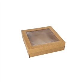 Cateringdozen Karton vierkant 6cm x 22,5cm x 22,5cm Bruin met apart deksel en kijkvenster van PET - Horecavoordeel.com