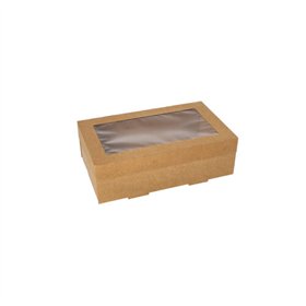Cateringdozen Karton rechthoekig 8cm x 15,3cm x 25,5cm Bruin met apart deksel en kijkvenster van PET