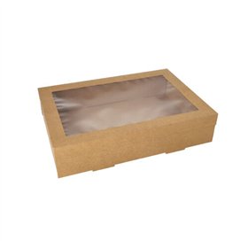 Cateringdozen Karton rechthoekig 8cm x 25,2cm x 35,9cm Bruin met apart deksel en kijkvenster van PET