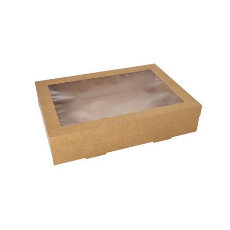 Cateringdozen Karton rechthoekig 8cm x 25,2cm x 35,9cm Bruin met apart deksel en kijkvenster van PET - Horecavoordeel.com