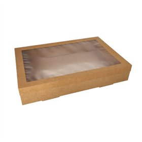 Cateringdozen Karton rechthoekig 8cm x 31cm x 45cm Bruin met apart deksel en kijkvenster van PET