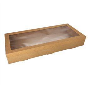 Cateringdozen Karton rechthoekig 8cm x 25,2cm x 55,8cm Bruin met apart deksel en kijkvenster van PET