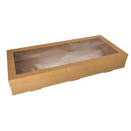 Cateringdozen Karton rechthoekig 8cm x 25,2cm x 55,8cm Bruin met apart deksel en kijkvenster van PET - Horecavoordeel.com