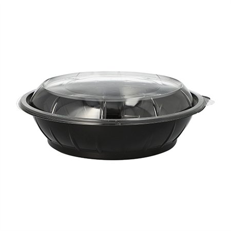 Saladeschalen PET 1000ml Ø 21,8cm x 6cm Zwart Snap It met Transparant R-PET deksels - Horecavoordeel.com