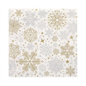 Servetten 3-laags 1/4 vouw 33cm x 33cm Zilver/goud Flocons - Horecavoordeel.com