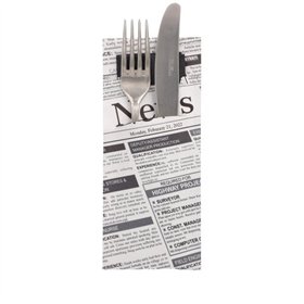 Bestekzakjes 20cm x 8,5cm Zwart/Wit Newsprint inkl. Zwart Servet 2-laags 33 x 33cm - Horecavoordeel.com