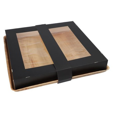 Luxe XL cateringdoos met PLA venster - palmblad serveerschaal met zwarte kartonnen deksel met PLA venster en banderol
