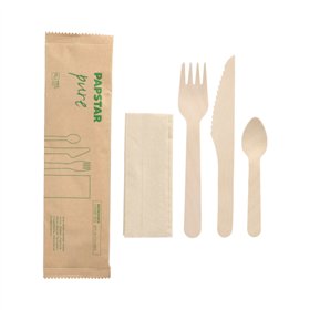Besteksets Hout Pure : Mes Vork Koffielepel Servet in papieren sleeve - Horecavoordeel.com