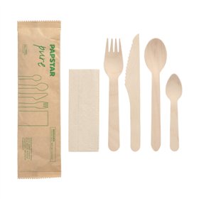 Besteksets Hout Pure : Mes Vork Lepel Koffielepel Servet in papieren sleeve