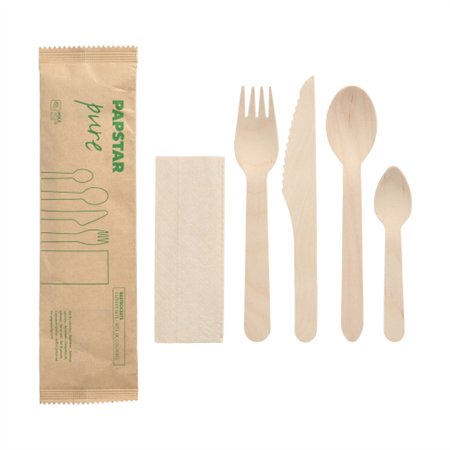 Besteksets Hout Pure : Mes Vork Lepel Koffielepel Servet in papieren sleeve